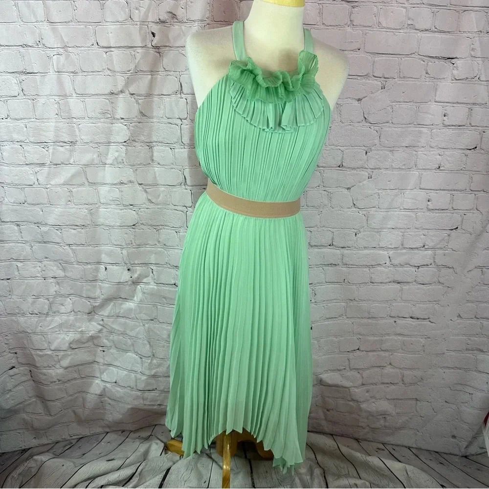 BCBGMAXAZRIA Louisa Opaline Green Pleated Dress sz 4 hi-low halter tie high neck